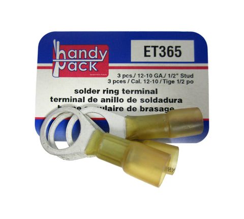 Standard Handy Pack ET365 12-10 Gauge 1/2" Stud Solder Ring Terminals 3Pcs.