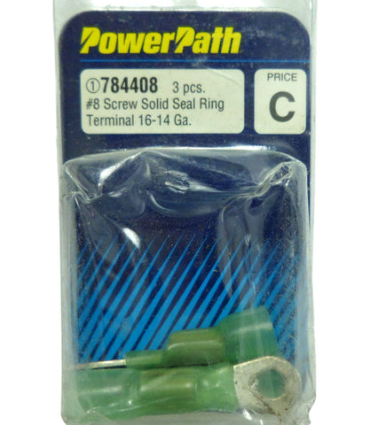 PowerPath 784408 (3) Pieces #8 Screw Solid Seal Ring Terminal 16-14 Gauge